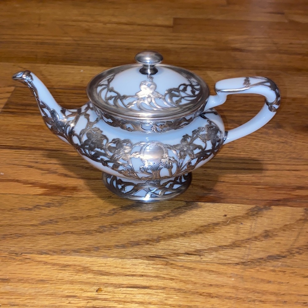 Beautiful Antique Lenox Porcelain & Sterling Silver Overlay Tea Pot